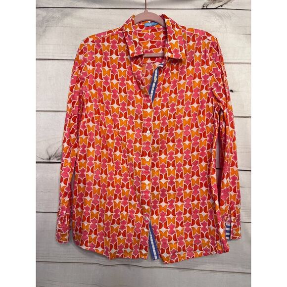 J. MCLAUGHLIN Women’s LG Cotton Pink Orange LS Button-Up Top Blouse Tulip Print - Picture 1 of 6
